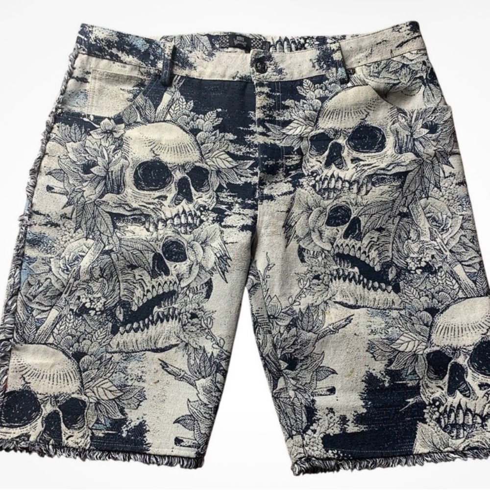 Black and White Skull Print Men's Flat Front Shorts